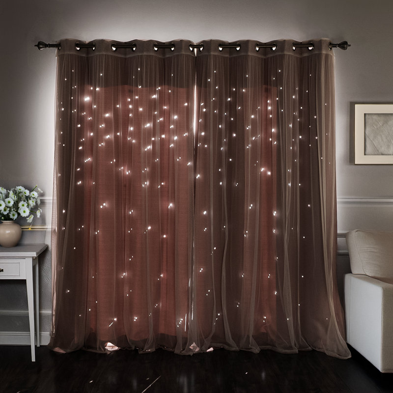 Jenifer Tulle Overlay Star Cutout Solid Room-Darkening Grommet Curtain Panels, DustPink, 52" W x 96" L