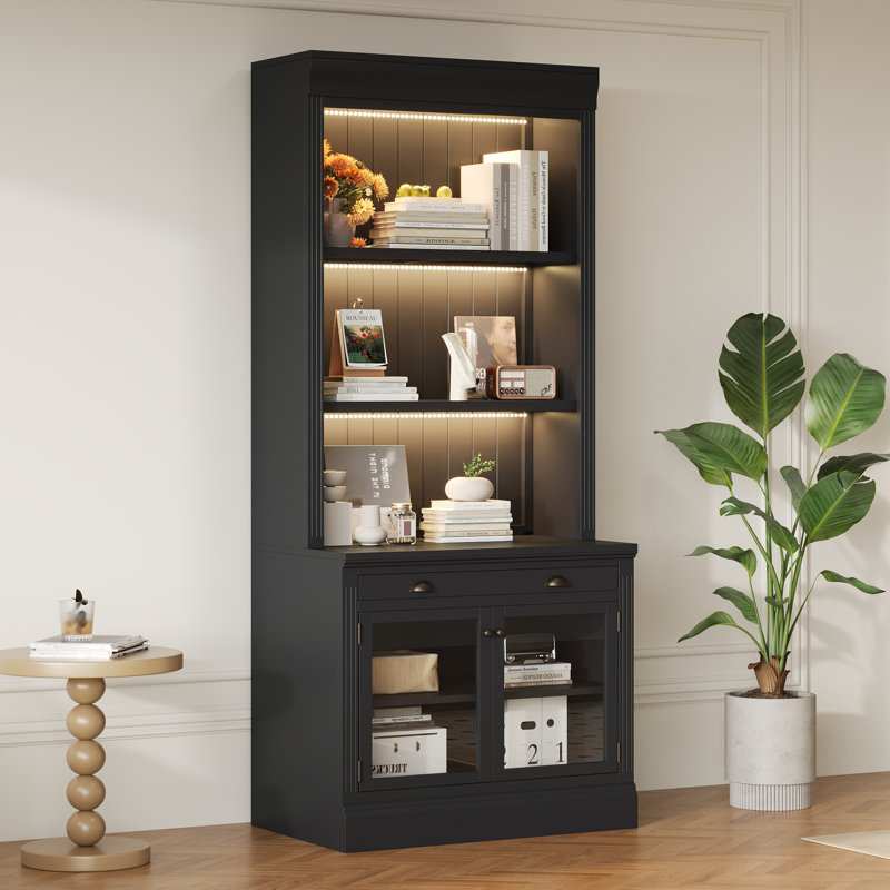 Bibliothèque de 83,4 po de hauteur avec 3 lumières DEL, bibliothèque moderne avec 2 portes en verre et 1 tiroir, bibliothèque de rangement avec tablettes ouvertes pour le salon, le bureau personnel, noir