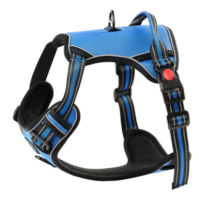 Harnais pour chien avec laisse pour gros chiens, matériau bleu, conception sans tirette, ajustement 4 points A, rembourrage respirant, gilet de moyenne à grande taille, points d'attache multiples, dégagement rapide