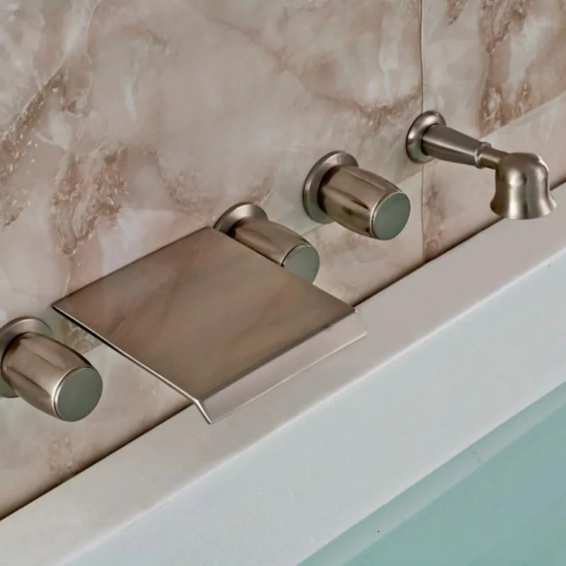 Juno Wall-Mount Brushed Nickel Waterfall Tub Mixer Tap with Brass Handheld Shower – Triple Handle, Contemporary Design