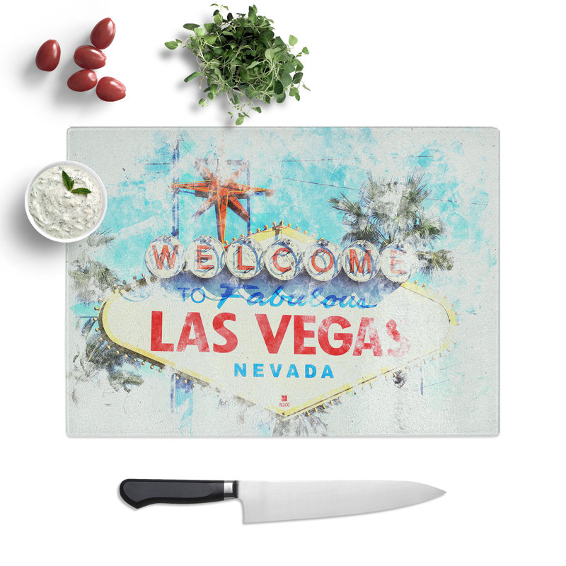 Tempered Glass the Welcome to Las Vegas Sign Watercolour Chopping Board, 28.5 cm x 39 cm