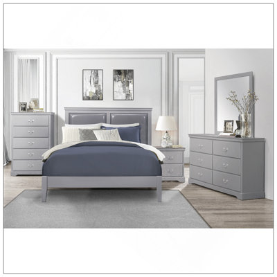Classic Grey Finish Panel Bed Upholstered Headboard Wooden Bedroom Furniture 1Pc