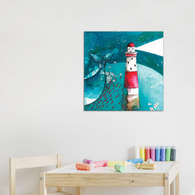Baleine avec phare - impression, Pas de tapis, Toile tendue, H 12 po x l 12 po x P 1,5 po