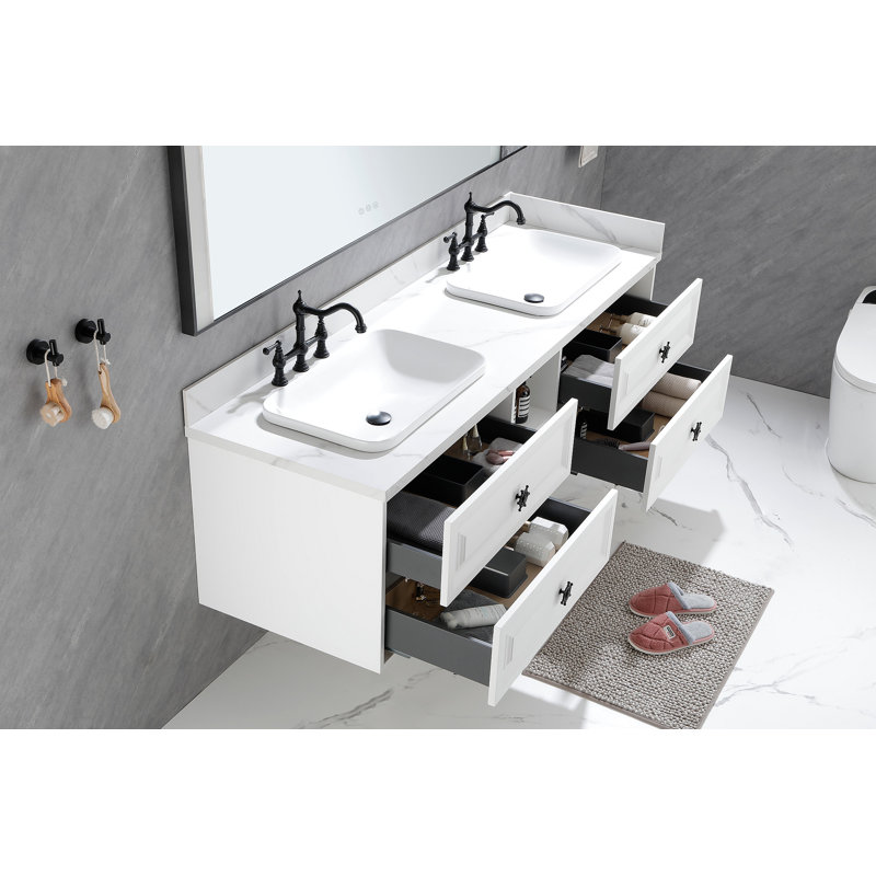 Le meuble-lavabo mural de 84 po convient aux lavabos doubles, armoire seulement (comptoir et lavabos non inclus), Blanc