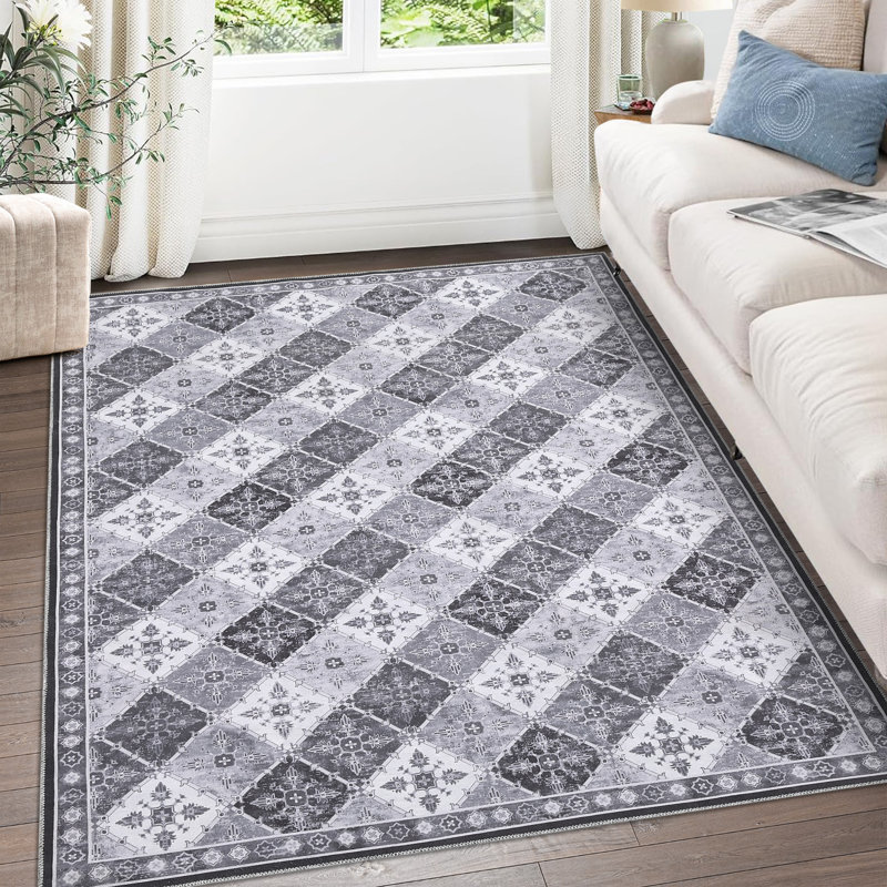 Washable Area Rug, Floral Patchwork Checkered Low Profile Non Slip Foldable Indoor Carpet, Chenille Polyester, Grey Tone, 6'x9'