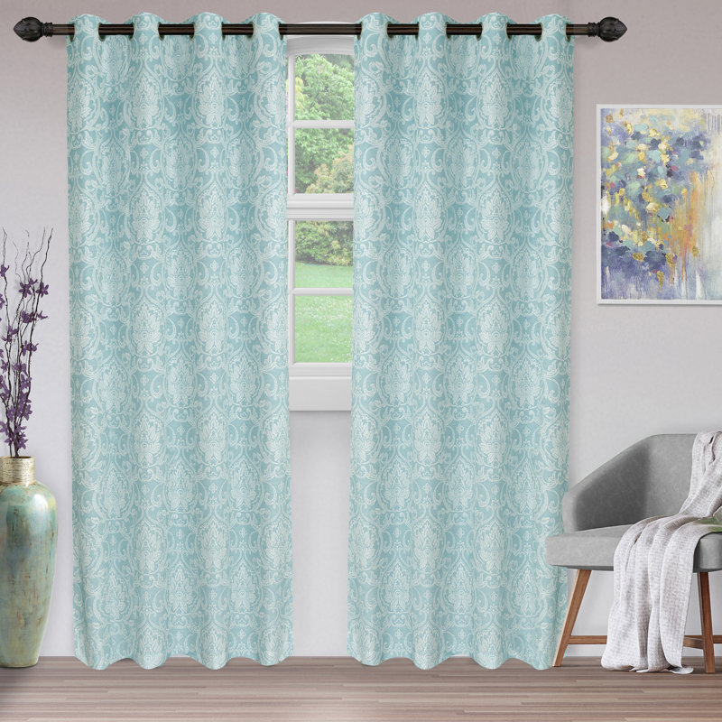 Raindrop Turquoise Polyester Sheer Damask Grommet Curtain Panel Pair