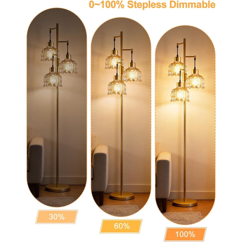 Mid-Century Modern Floor Lamp With 3 Lotus Lights, Dimmable 65-Inch Tall Standing Lamp With Brown Glass Shades And Included E12 Bulbs For Living Room, Bedroom, Or Corner Decor