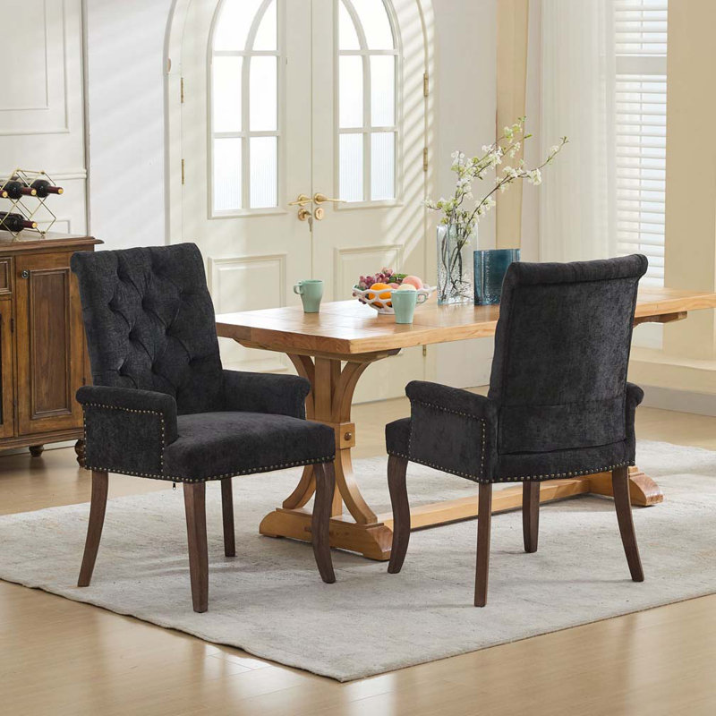 Upholstered Chenille Fabric Accent Dining Chair with Curved Solid Wood Legs, Black