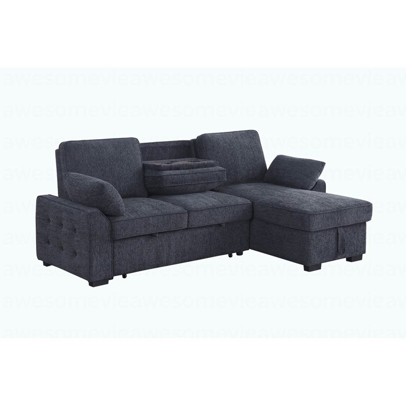 Modern 91"W Charcoal Chenille Fabric Reversible Sleeper Sectional With Storage Chaise, Drop-Down Table, Cup Holders And Charging Ports