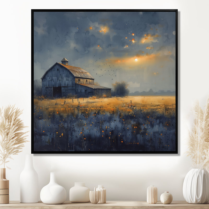 «Yellow Autumn Barn Golden Hour III», art mural grange, Toile avec cadre flottant noir, H 30 po x l 30 po x P 1 po