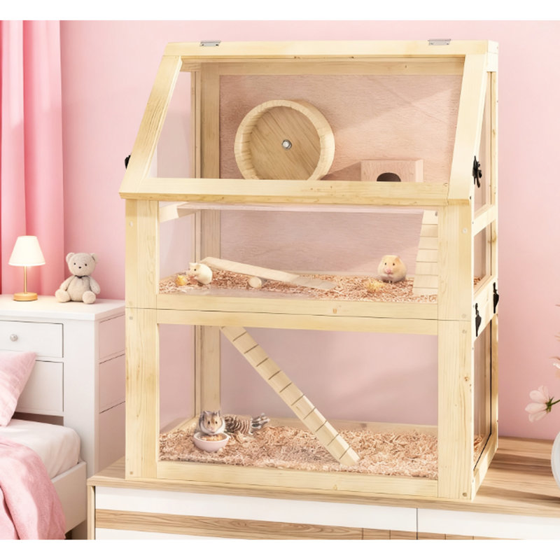 Cage à hamster en bois à 3 niveaux avec fond amovible