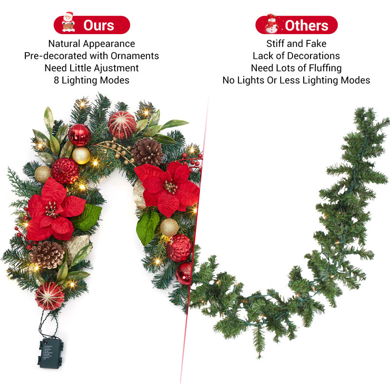 Guirlande de Noël 6 pieds avec lumières et boules en or rouge pour foyer