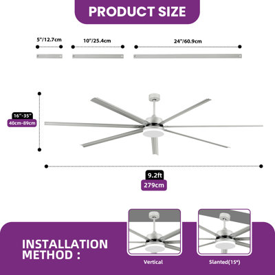  96 Inch Large Industrial Ceiling Fan With Lights And Remote Control, 7 Blades, 6-Speed