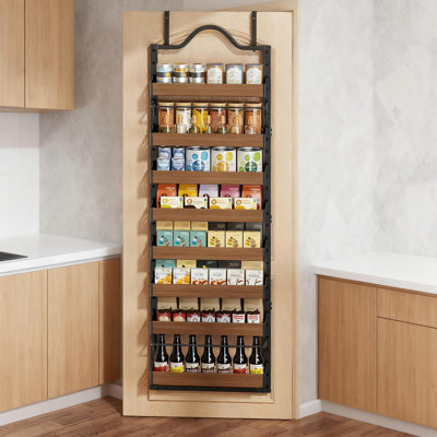 Over The Door Pantry Organizer And Spice Rack With Adjustable Wooden Baskets, 2-In-1 Wall Mount Or Hanging Storage Shelf For Kitchen Cabinet Organization