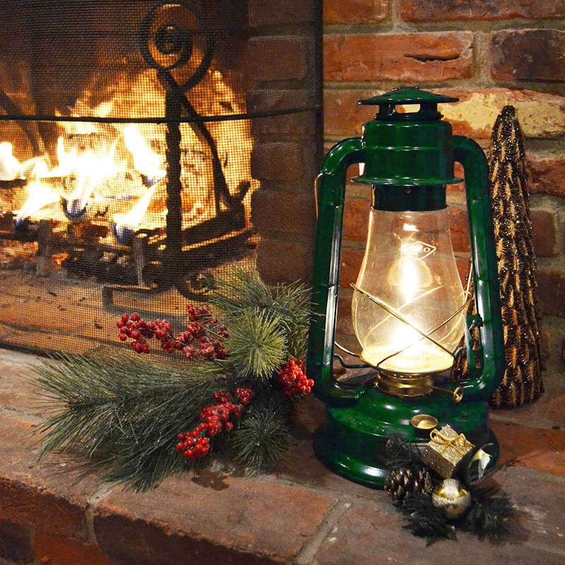 Green Metal 15" Oil Lantern with Brass Trim