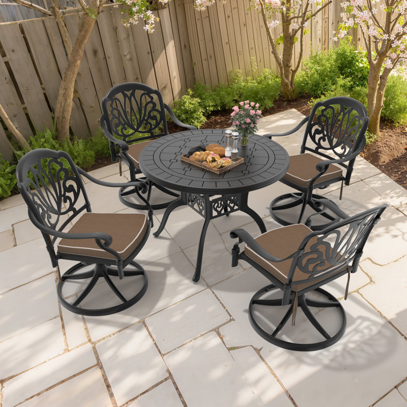 5-Piece Round Cast Aluminum Patio Dining Set with Swivel Chairs & Brown Cushions, 28.35" H x 39.37" L x 39.37" W