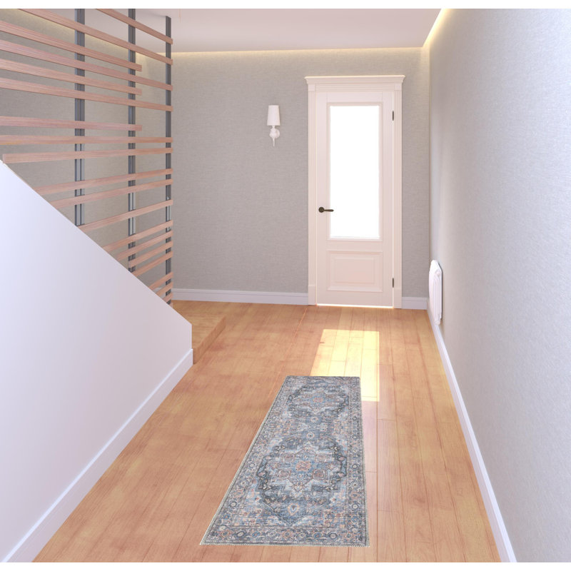 Medallion Machine Washable Polyester Area Rug in Light Blue/Orange/Gray, Runner 2' x 6'