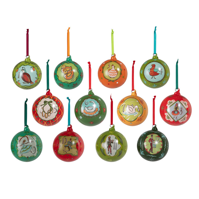 12 Days of Christmas Multicolor Glass Ball Ornament Set
