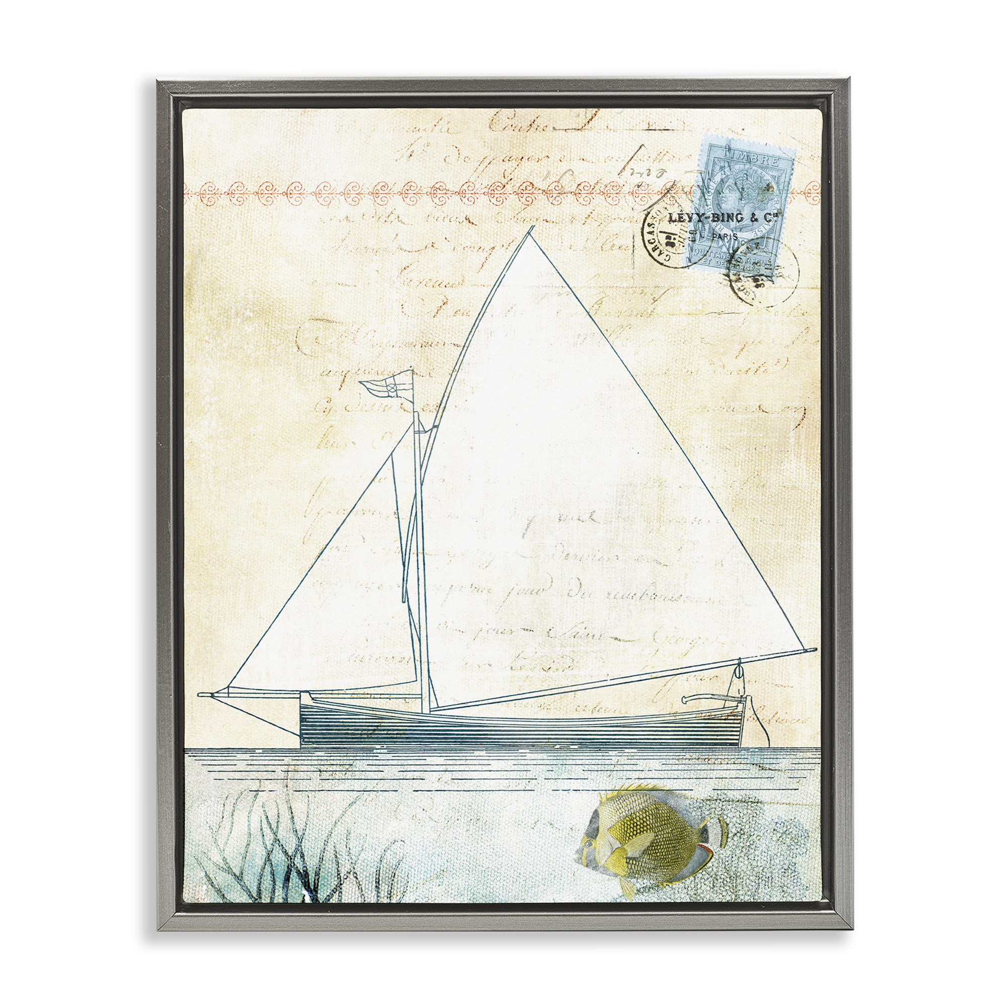 Breakwater Bay Antique Sailboat & Postal Stamp Gold Framed Floater ...