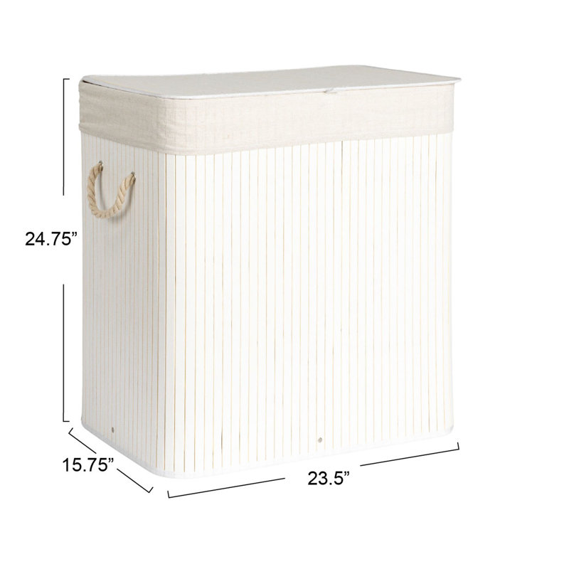 White Bamboo Laundry Hamper with Rope Handles and Lid