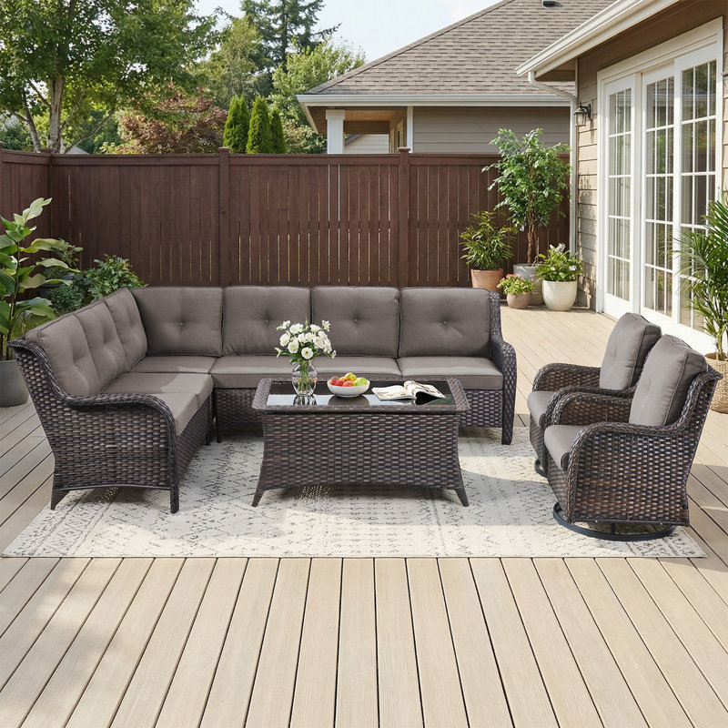 Ensemble de canapé d'angle 4 pièces en résine tressée pour terrasse avec fauteuils pivotants, Gris