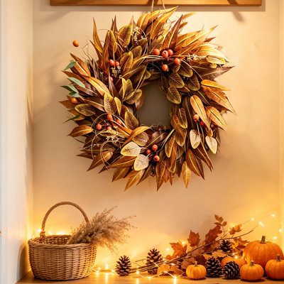 Couronne d'automne de 21 pouces pour la porte d'entrée, couronne artificielle à feuilles veinées d'automne avec baies, couronne de récolte de base de vigne pour Halloween, action de grâce, mur intérieur et porche couvert