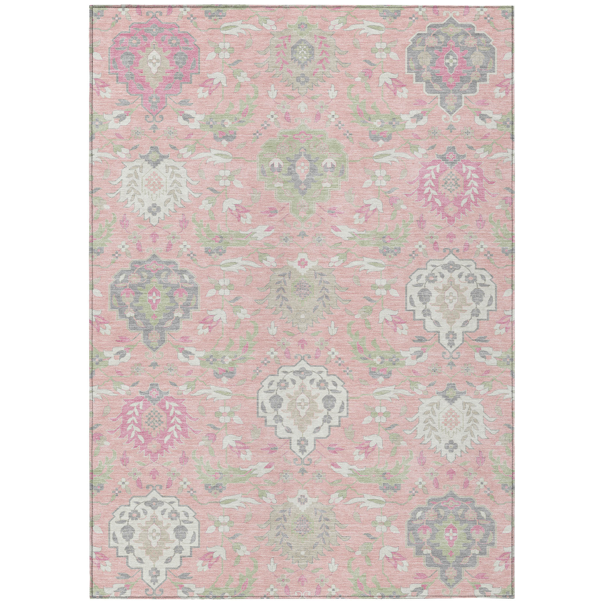 HomeRoots 10' X 14' Pink Ivory And Gray Damask Washable Indoor Outdoor ...