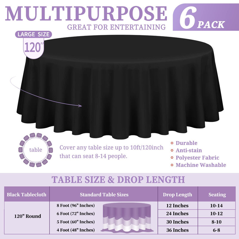 6-Pack 120-Inch White Round Polyester Tablecloth, Washable for Weddings, Parties, Banquets, and Camping, Black