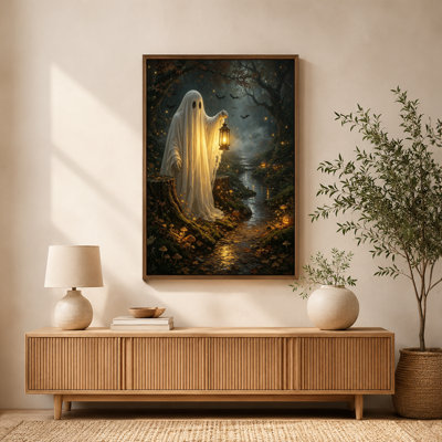 Halloween Ghostly Figure Lantern Mystical Forest Glowing Pumpkins Canvas Wall Art with Floating Frame, Ready to Hang