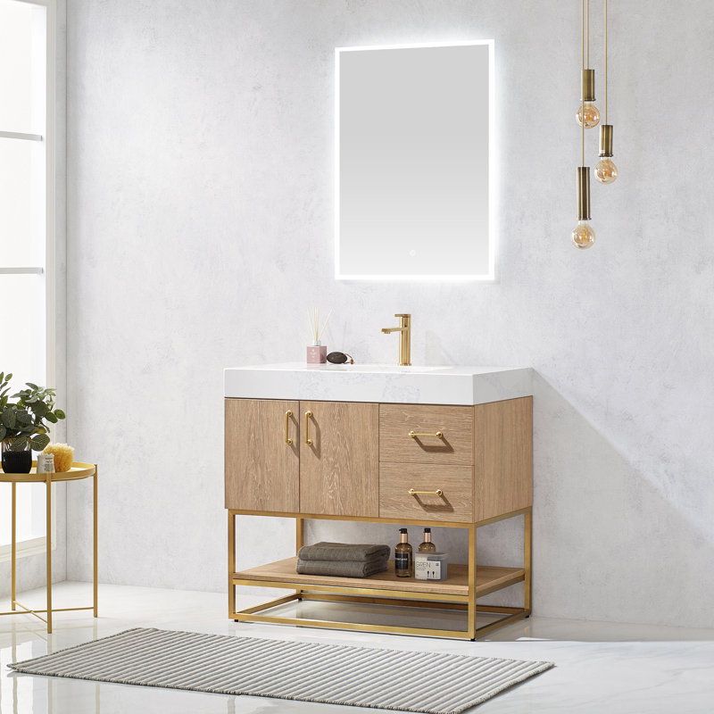 Ensemble de meuble-lavabo simple 36 po avec miroir Alistair, Or, Chêne nord-américain, Blanc