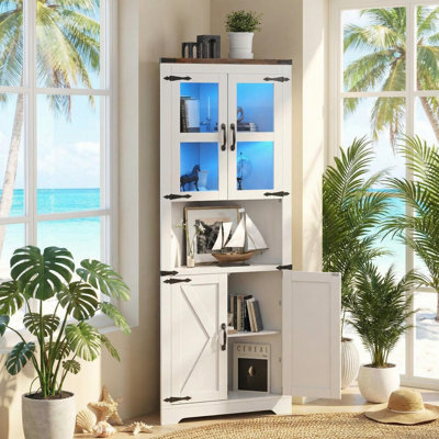 Armoire de rangement d'angle de 67 po de hauteur avec lumières, vitrine de coin Farmhouse avec portes en verre, rangement en bois pour la cuisine, le salon et la salle de bain.