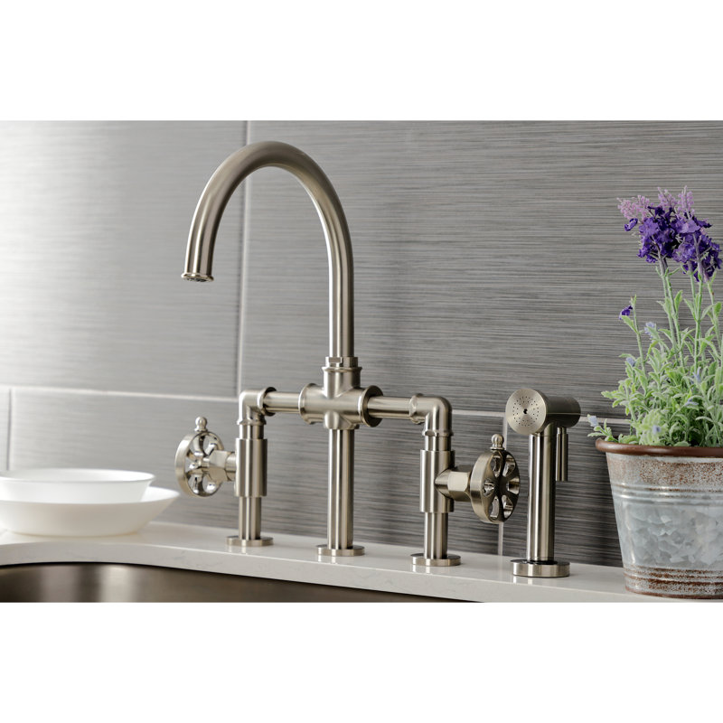 Robinet de cuisine pont de style industriel Whitaker Kingston avec douchette en laiton, laiton antique, Nickel brossé, Roue