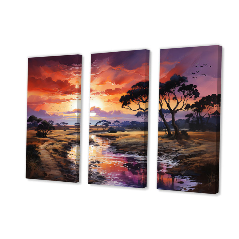 Serengeti africain, coucher de soleil sur toile, 3 pièces, H 28 po x l 36 po x P 1 po