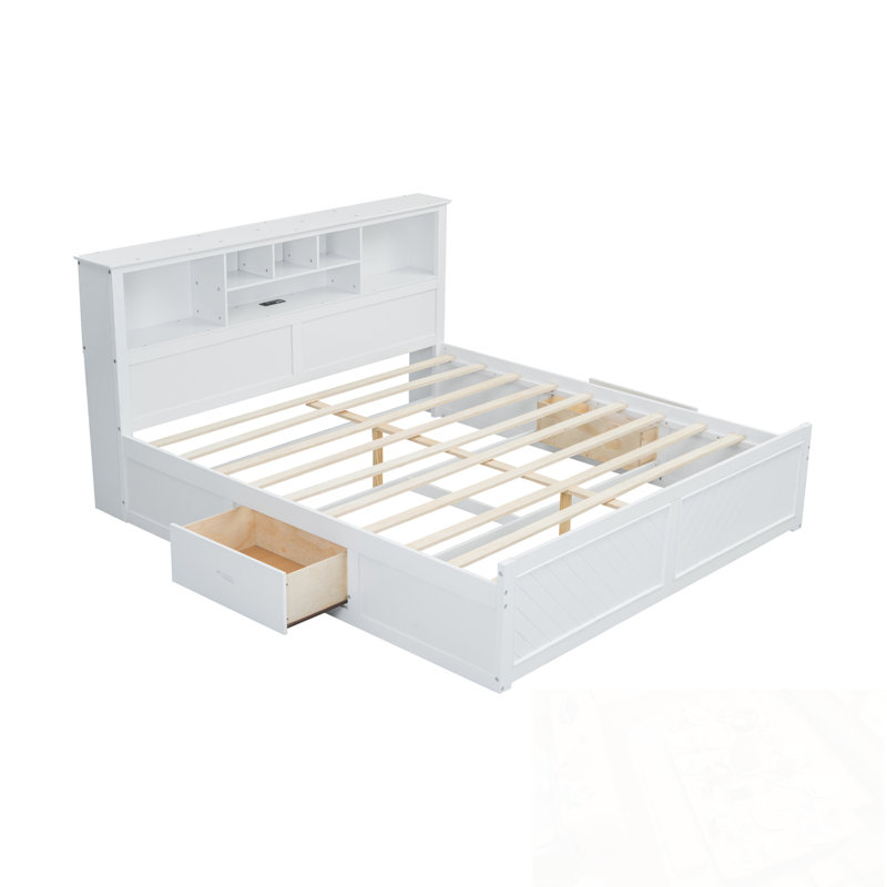 Lit plateforme très grand en bois avec tête de lit multi-rangement, USB et tiroirs, Blanc