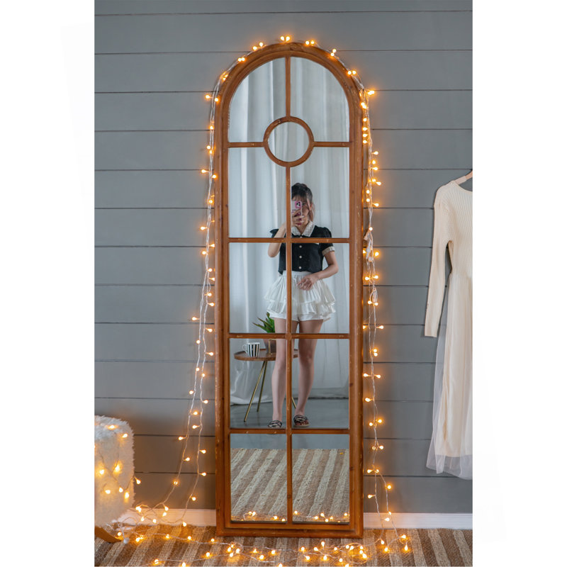 24X79" Half-Round Elongated Mirror With Decorative Window Look Classic Architecture Style Solid Fir Wood Interior Decor