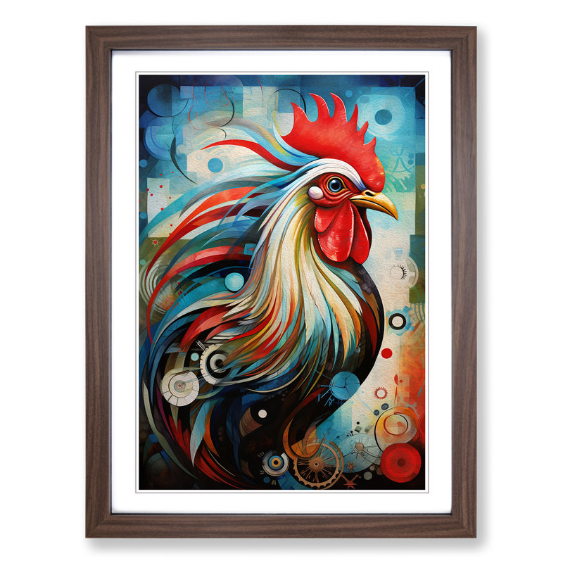 Rooster Orphism No.2 - Single Picture Frame Print on Wood, 64cm H x 46cm W x 2cm D, Walnut
