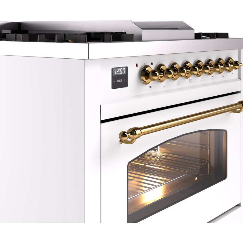 ILVE Nostalgie II 36 Dual Fuel Range, knobs, White/Brass, Natural Gas