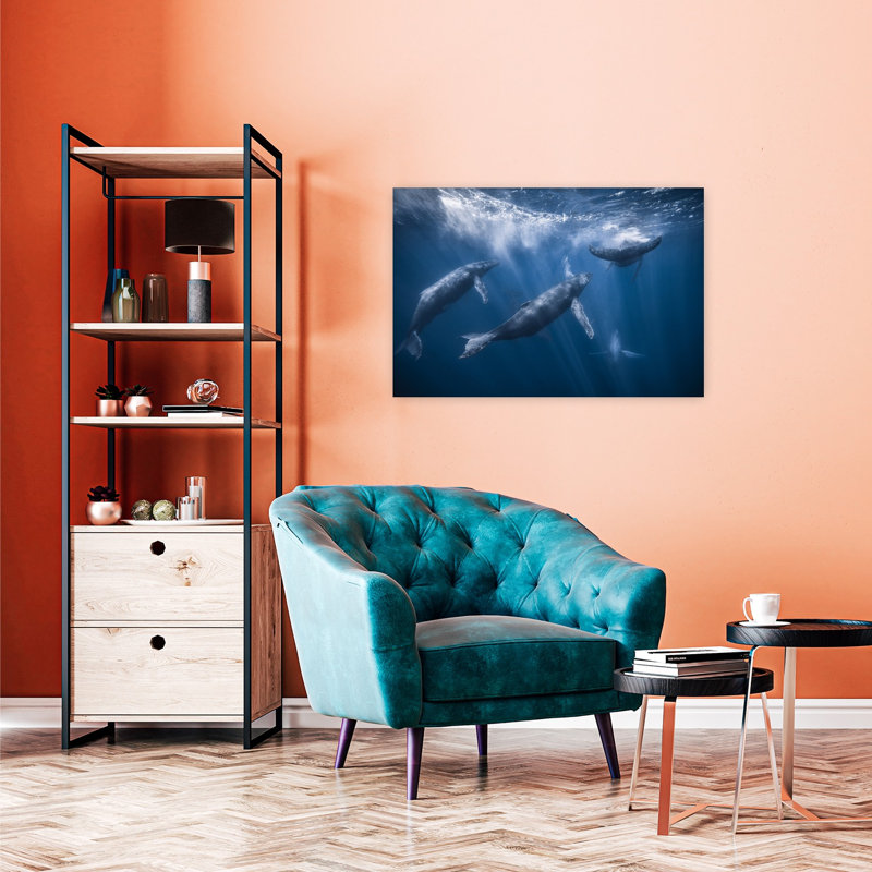 Sunlit Ocean Whales Peaceful Serene Tranquil Whale Nature Ocean Wall Art Print 1 Piece Wrapped Canvas Wall Art