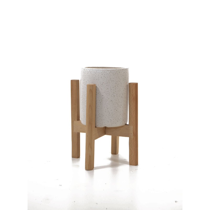 Wood Pot Planter, Matte Ivory/Natural, 5" H x 4.7" W x 4.7" D