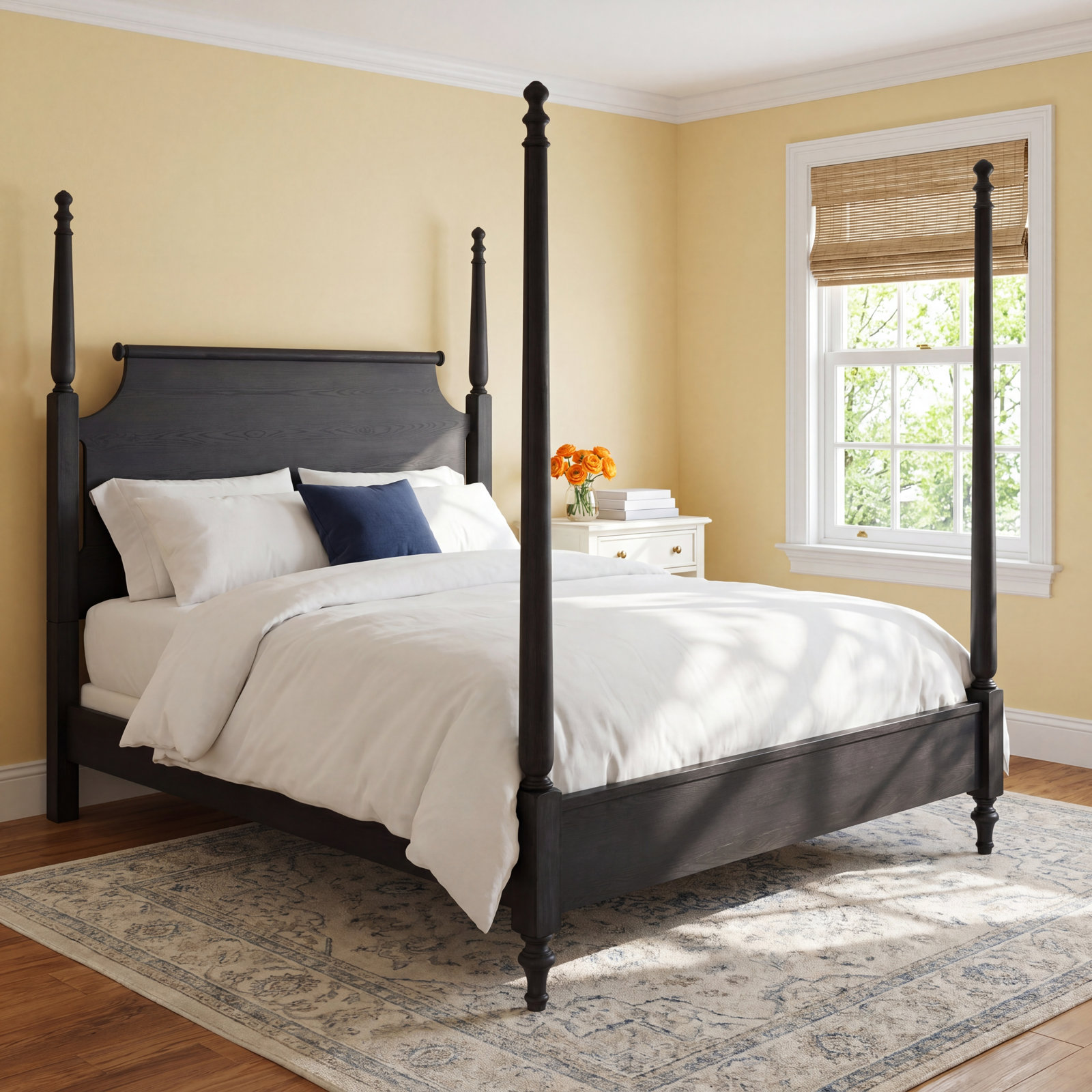 Country Living Four Poster Oak Bed, Black, Queen