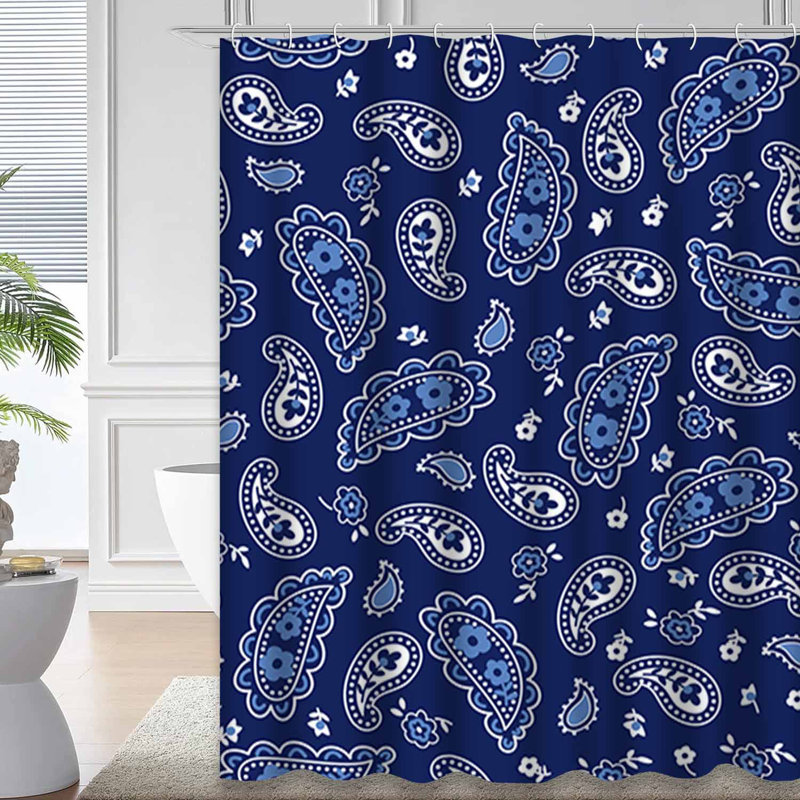 Mignon rideau de douche à motif de motif cachemire bleu avec 12 crochets, L 72 po x l 84 po