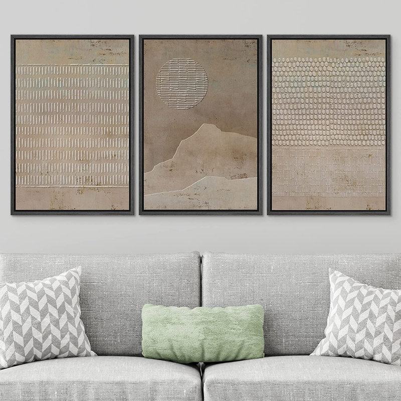 Geometric Line Grunge Geometric Minimalist Brown Abstract Frame Art 3 Piece Set - No Texture Graphic Canvas Print, Black