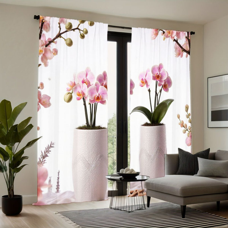 2 Panels Pink Orchid Blossom Branch Light Filtering Curtain, Floral Home Decor, Rod Pocket Easy Hang Design, All Season Window Drapes for Living Room Bedroom Study