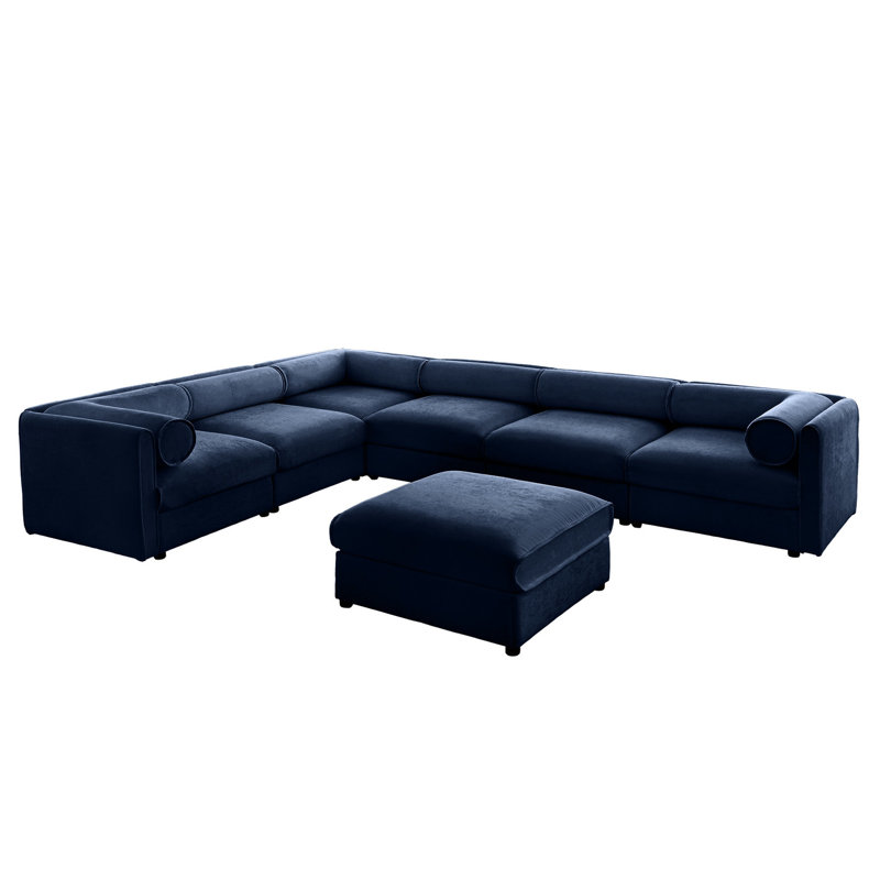 Grand canapé modulaire pour le salon - 6 places, rangement, chenille bleue, dossier cylindrique et accoudoir cylindrique en chenille