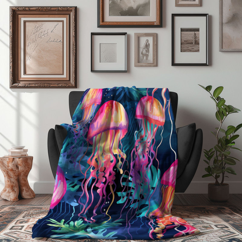 Motif de balise maritime - 1 pièce Sherpa Premium, L 60 po x L 80 po, Art tendance de méduse