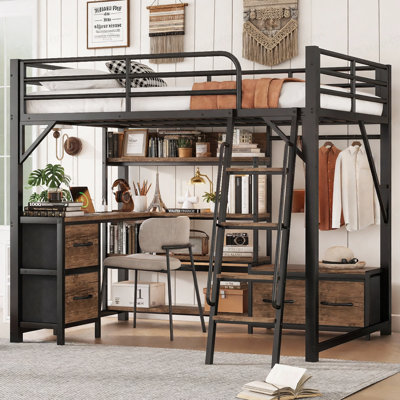 Lit mezzanine double avec bureau et lumière, lit mezzanine en métal avec tablettes de rangement, garde-robe et tiroirs pour garçons filles