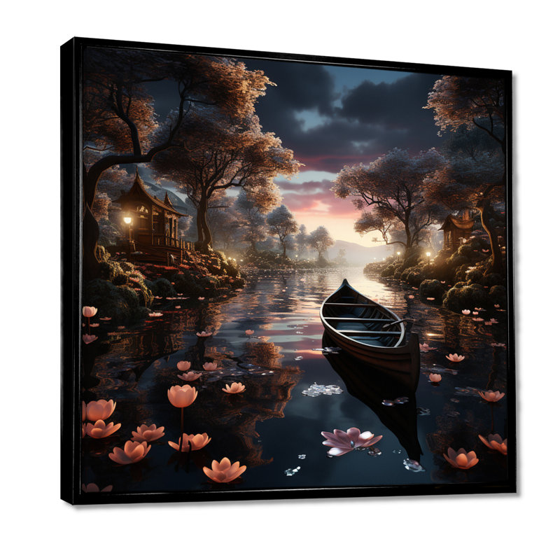 «Dinghy Floating On Misty Magic Lotus Pond - Lake», reproduction d'art murale, Cadre flottant noir, bois massif