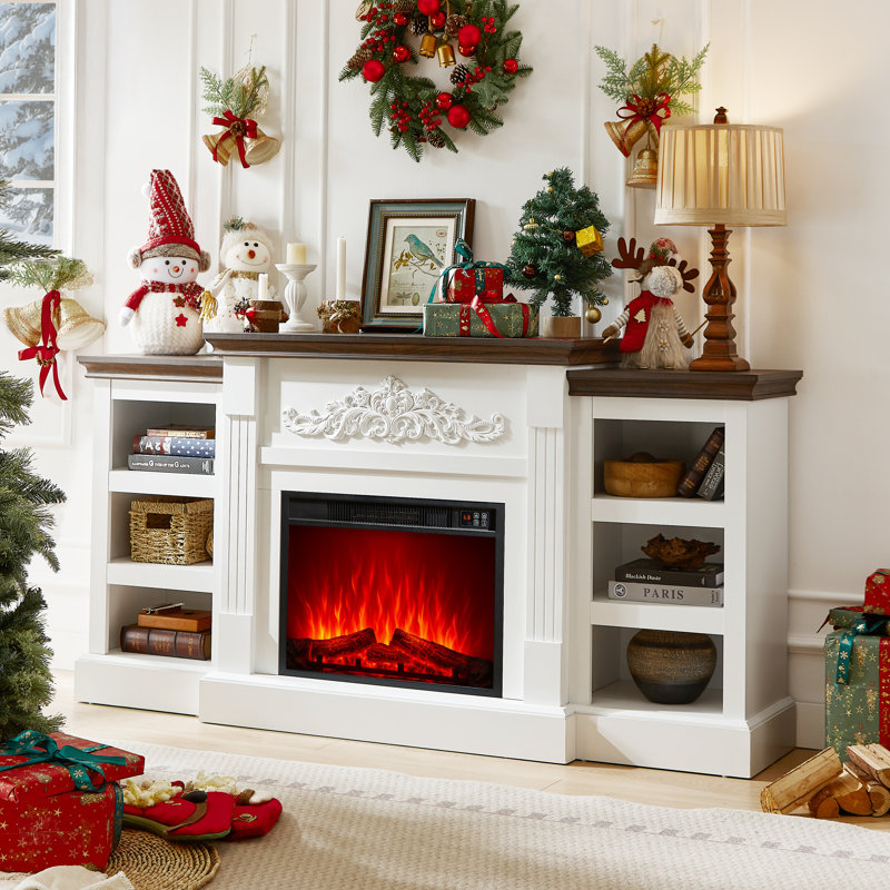 72"Electric Fireplace with Mantel, Farmhouse TV Stand with Electric Fire Place Heater, Stacked Stone Surround,White Firebox with 23" Fireplace Insert for Bedroom,Living Room