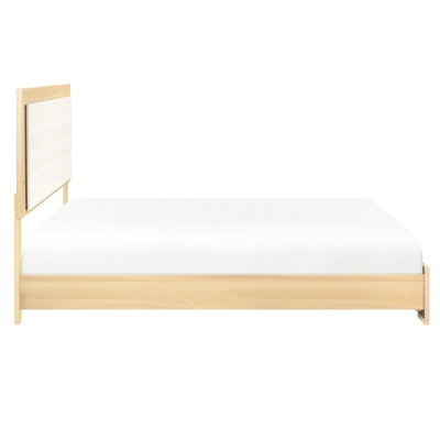 Grand lit, contemporain, lit à panneau, tête de lit à DEL, finition naturelle et blanche, bois, stratifié, mobilier de chambre, sommier tapissier, utilisation