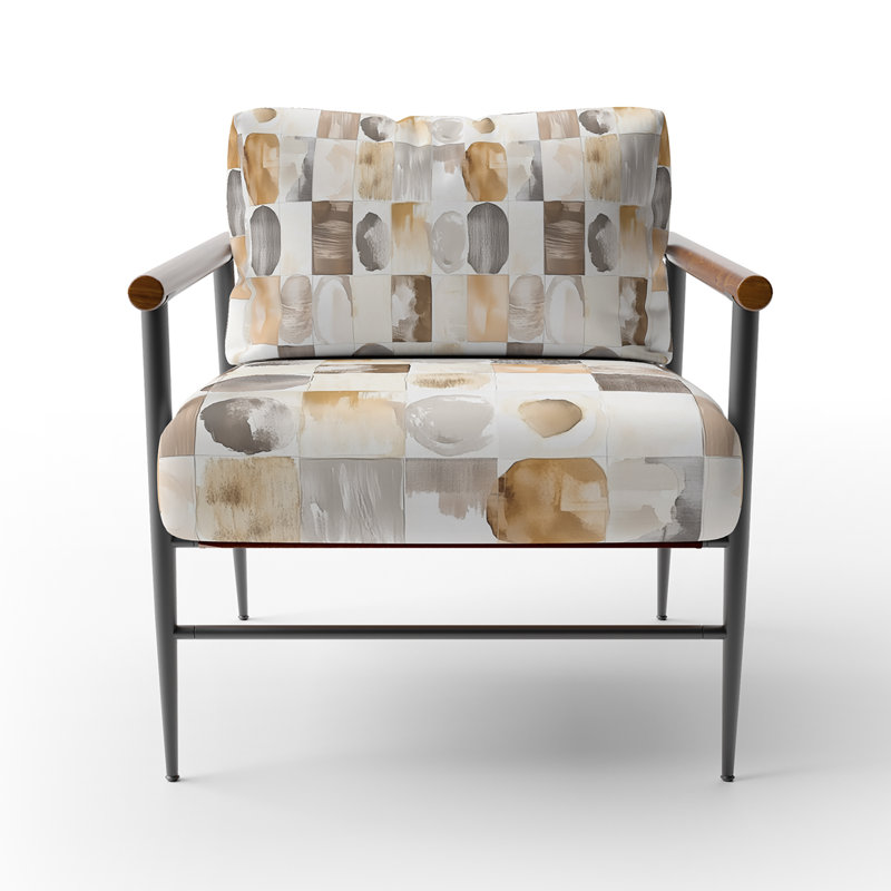 Chaise d'appoint Patchwork - Fauteuil beige et brun neutre avec courtepointe, Bras ronds bruns